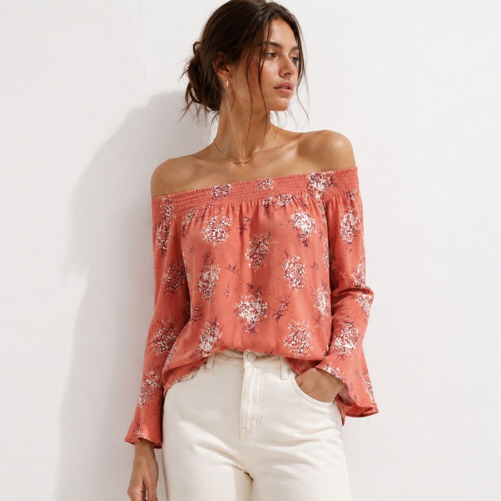 Boho Floral Off Shoulder Peasant Blouse Bell Sleeve Fairy Top NEW Ultra Flirt M